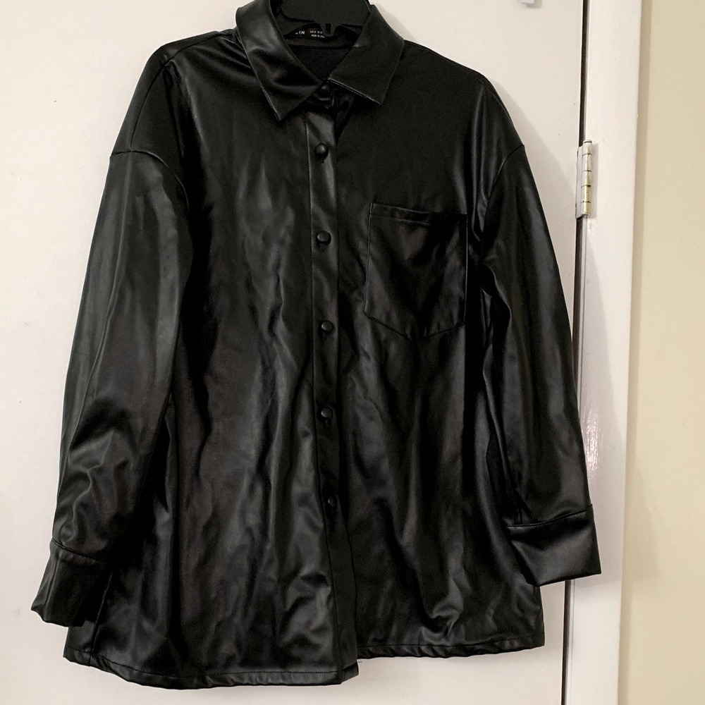 Oversized Black Faux Leather Button Down
